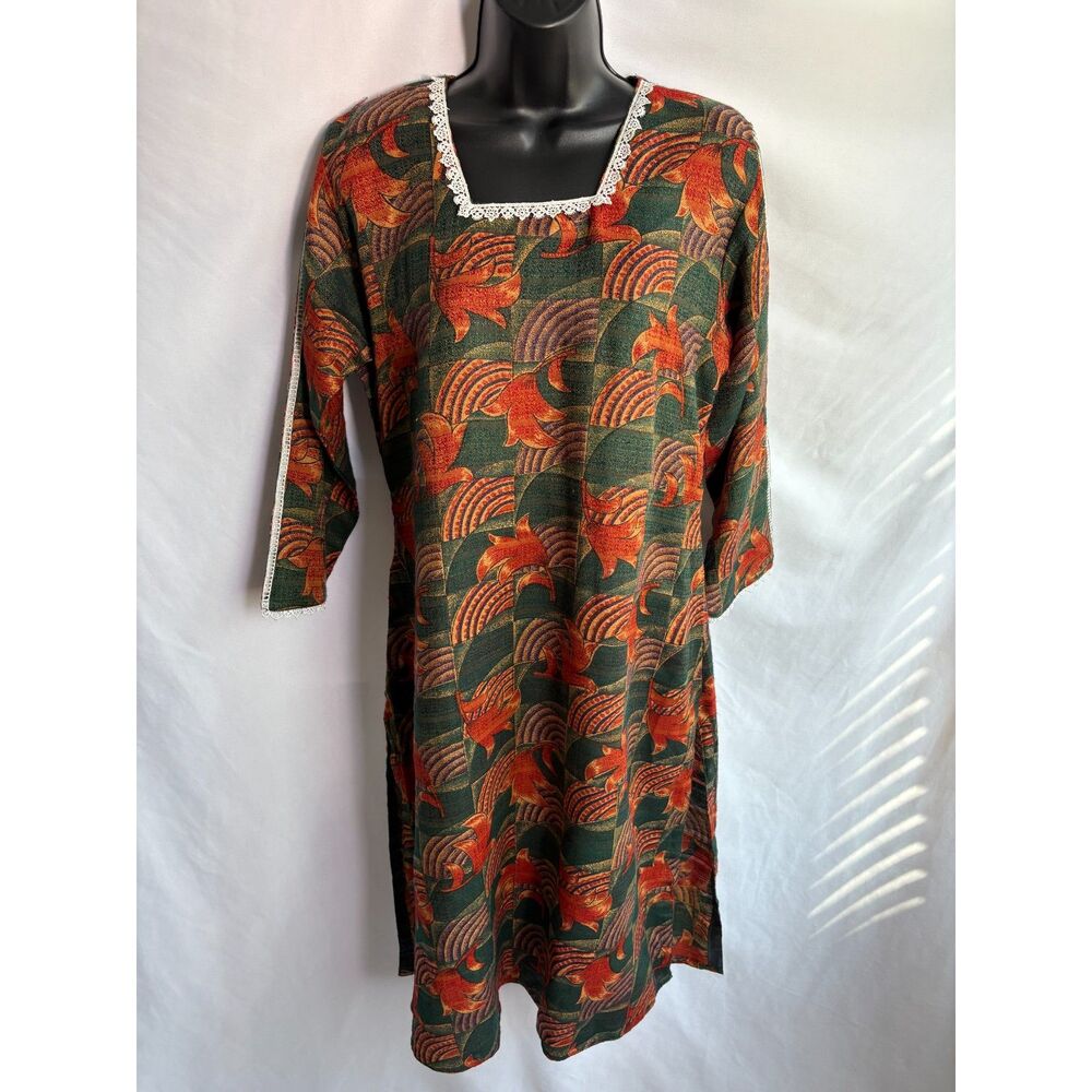 Vintage Pandal Cotton Multicolor Kaftan House Dress Size M Orange Green Granny